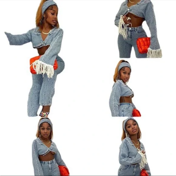 2-Piece Brand New Denim/Cotton blend sets with fringes on Sleeve. - Picture 2 of 2